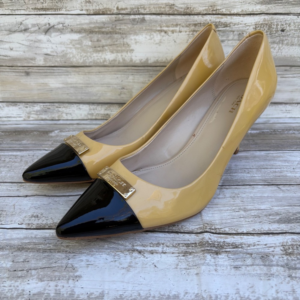 Coach Zan Pumps 9.5B Butter Yellow Black Patent Leather Point Toe Heels Shoes